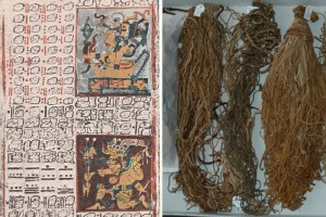 Izquierda: detalle de códice maya; derecha: quipus andinos (imágenes: wikipedia).